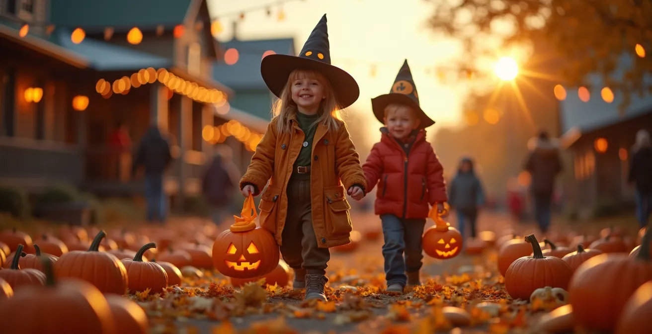 Scène festive d’une célébration d’Halloween typique au Québec avec des costumes traditionnels et des événements locaux comme village hanté et festival de citrouilles