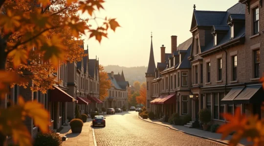 Vue panoramique d'une rue historique de Québec avec des bâtiments aux influences française et anglaise, montrant des toits en croupe, des façades en pierre et en brique, et des détails architecturaux variés sous un ciel d'automne.