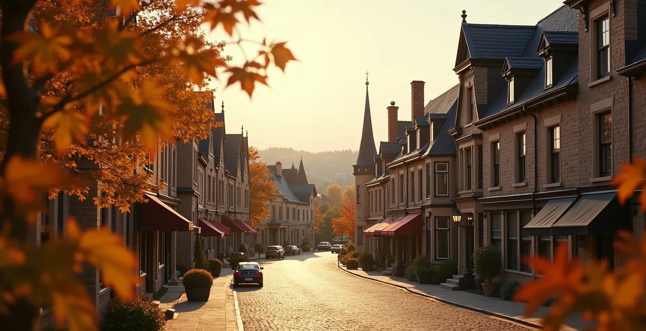Vue panoramique d'une rue historique de Québec avec des bâtiments aux influences française et anglaise, montrant des toits en croupe, des façades en pierre et en brique, et des détails architecturaux variés sous un ciel d'automne.