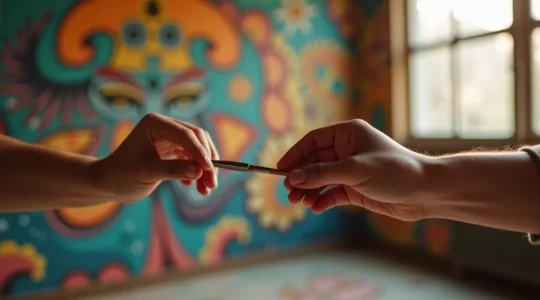 Une main tend une brosse à peinture à une autre main, symbolisant le partage et l'accessibilité de l'art québécois.