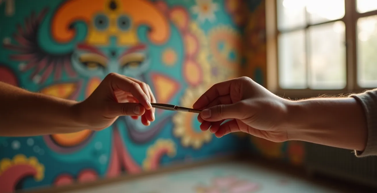 Une main tend une brosse à peinture à une autre main, symbolisant le partage et l'accessibilité de l'art québécois.