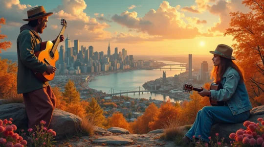 Composition symbolique représentant la richesse musicale du Québec avec des éléments culturels et paysages emblématiques.