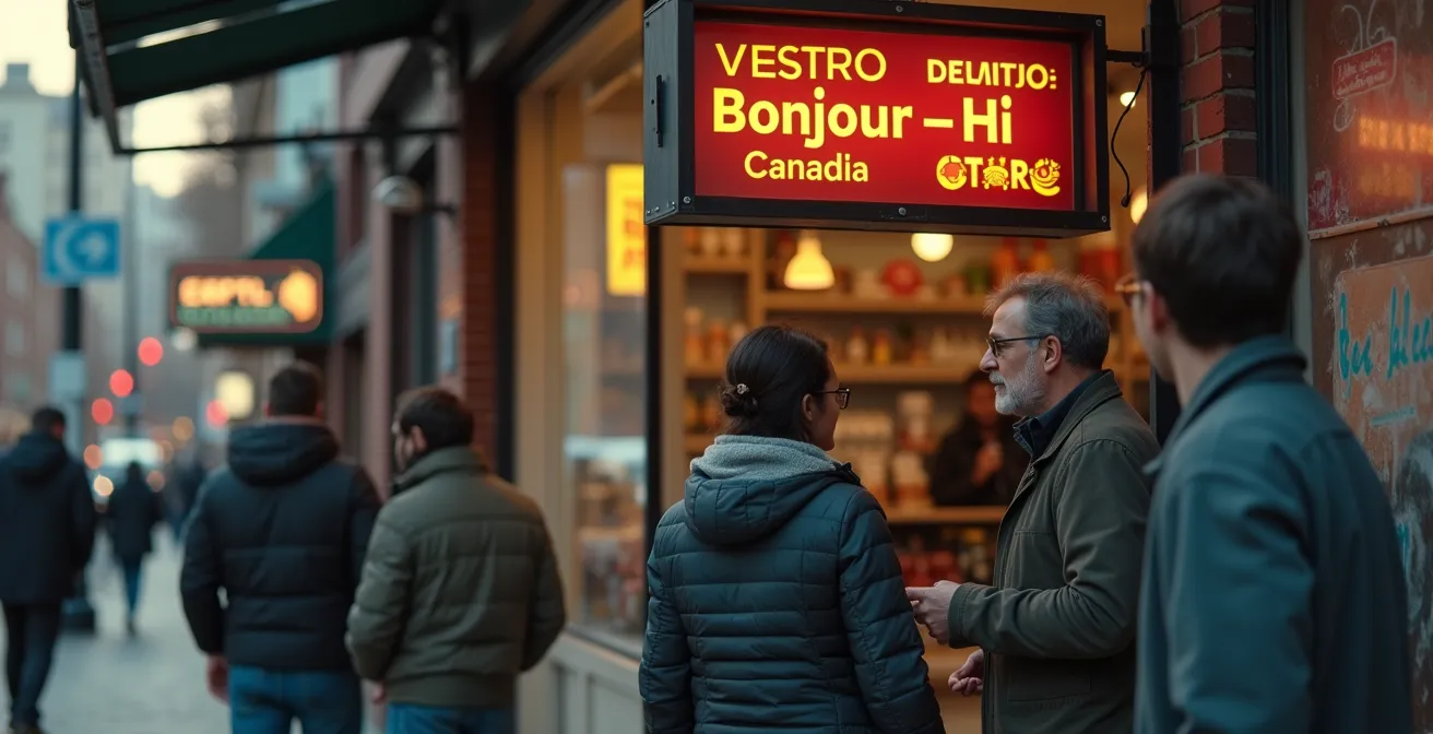 Photo illustrant une interaction dans un commerce québécois avec une affiche bilingue Bonjour-Hi.
