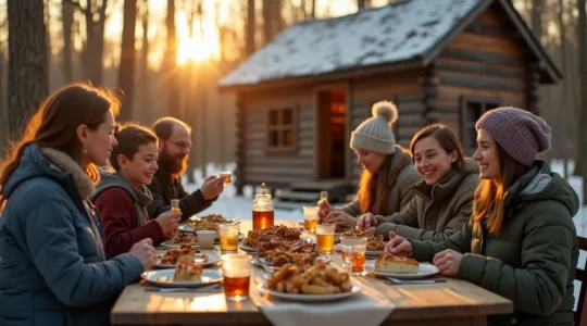 Vue panoramique d'une cabane à sucre traditionnelle en pleine forêt de l'érable au printemps avec de la neige fondante et une famille québécoise réunie pour un festin