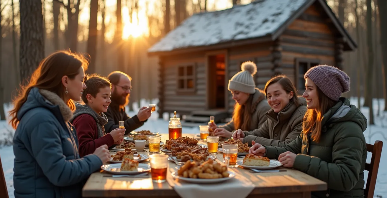 Vue panoramique d'une cabane à sucre traditionnelle en pleine forêt de l'érable au printemps avec de la neige fondante et une famille québécoise réunie pour un festin