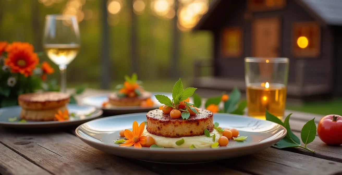 Photographie d'une table de cabane à sucre moderne avec plats gastronomiques et décor contemporain et champêtre
