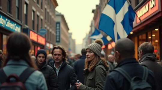 Un collage symbolique d'éléments montrant le combat quotidien pour la langue française au Québec, incluant des inscriptions bilingues, un drapeau québécois, et des citoyens échangeant dans la rue.