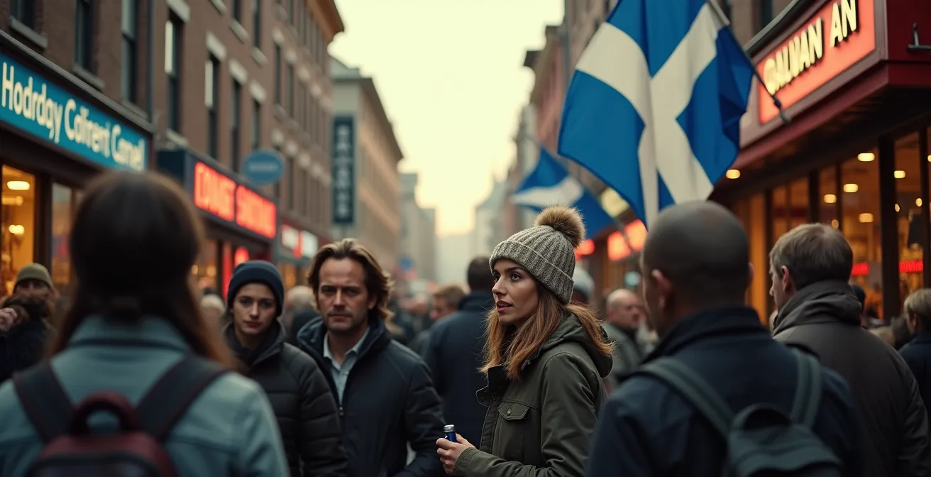 Un collage symbolique d'éléments montrant le combat quotidien pour la langue française au Québec, incluant des inscriptions bilingues, un drapeau québécois, et des citoyens échangeant dans la rue.