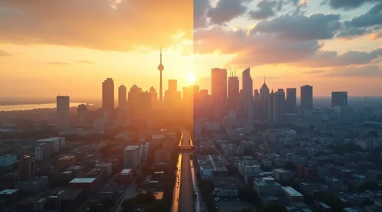 Vue panoramique contrastée de Drummondville et Montréal illustrant l'équilibre entre opportunités économiques et qualité de vie.