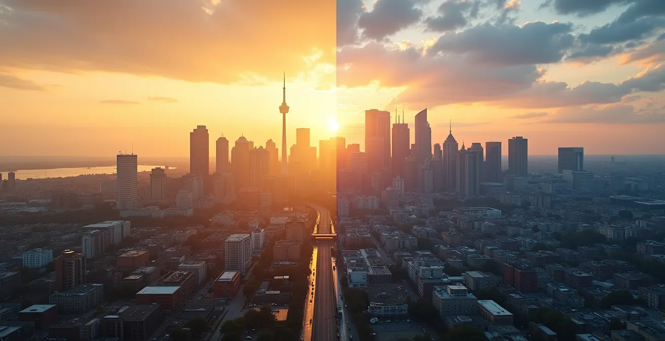 Vue panoramique contrastée de Drummondville et Montréal illustrant l'équilibre entre opportunités économiques et qualité de vie.