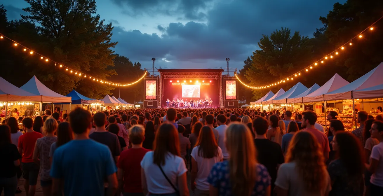 Scène vibrante d’un festival local à Drummondville avec foule enthousiaste, artisans et producteurs locaux.