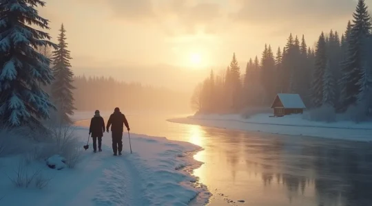 Paysage symbolique du Quebec montrant le Saint-Laurent, une forêt boréale et une scène hivernale sous une lumière dorée