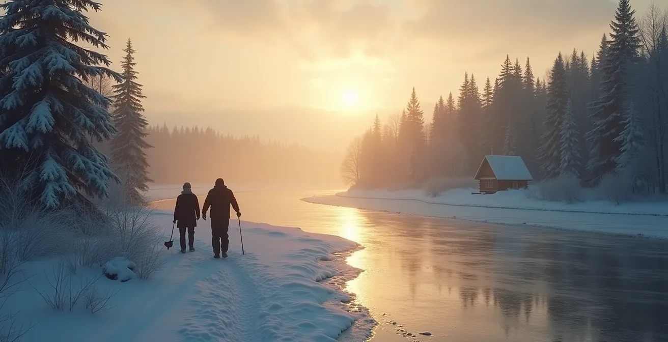 Paysage symbolique du Quebec montrant le Saint-Laurent, une forêt boréale et une scène hivernale sous une lumière dorée