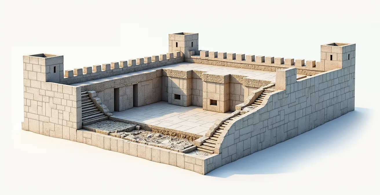 Représentation schématique d'une section des fortifications de Québec montrant les fondations profondes et les matériaux résistants au gel, avec des flèches indiquant les cycles de gel et de dégel.