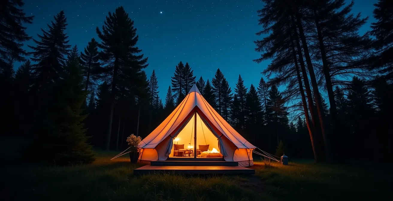 Refuge insolite en forêt québécoise avec une tente glamour éclairée la nuit, entourée de grands arbres sous un ciel étoilé