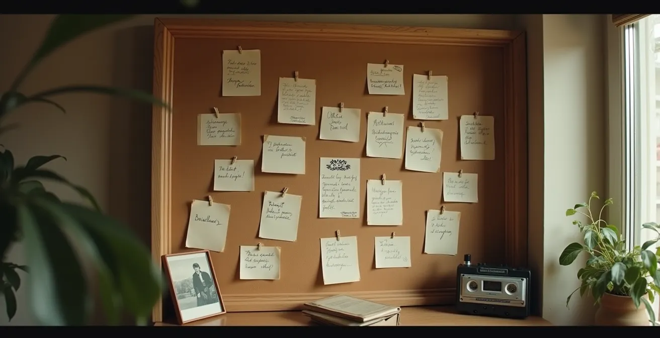 Un tableau d'affichage en bois couvert de petits mots manuscrits en patois québécois, entouré de photos de famille anciennes et d'un magnétophone vintage.