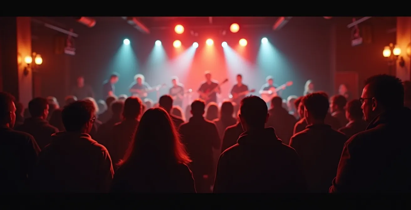 Intérieur chaleureux et animé d’une salle de concert québécoise avec public captivé et éclairage tamisé.