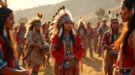 Illustration représentant un pow-wow avec des danseurs en costumes traditionnels, des tambours, et des symboles autochtones, capturant la culture et la résilience des Premières Nations au Canada.