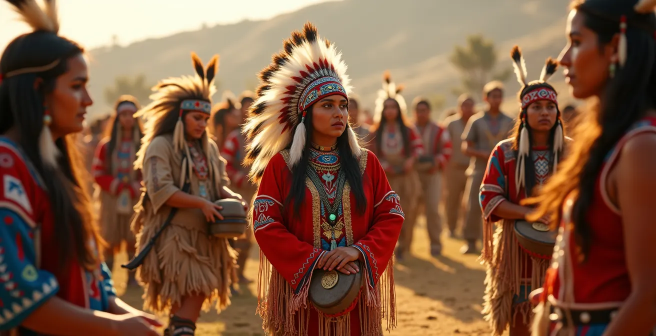 Illustration représentant un pow-wow avec des danseurs en costumes traditionnels, des tambours, et des symboles autochtones, capturant la culture et la résilience des Premières Nations au Canada.