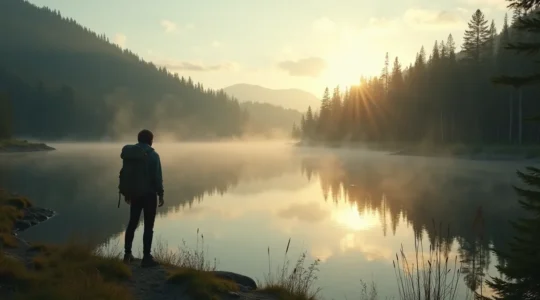 Paysage sauvage du Québec avec un randonneur solitaire au bord d'un lac entouré de forêt dense sous un ciel au lever du soleil