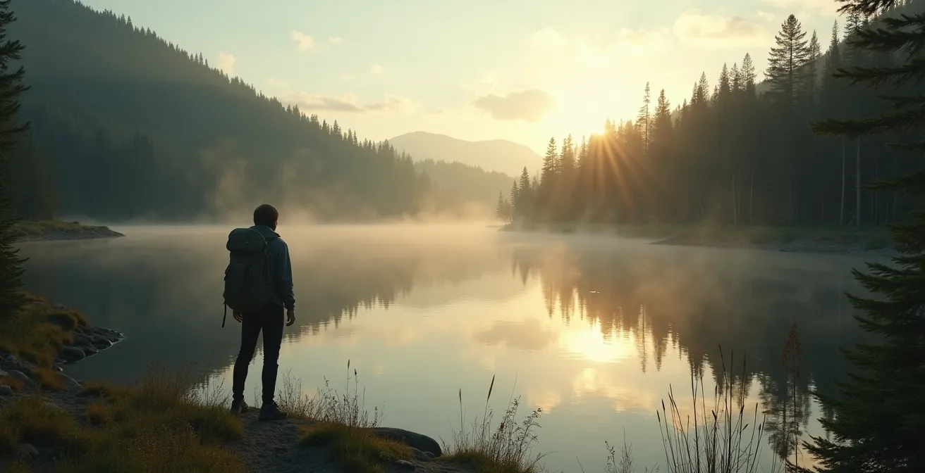 Paysage sauvage du Québec avec un randonneur solitaire au bord d'un lac entouré de forêt dense sous un ciel au lever du soleil