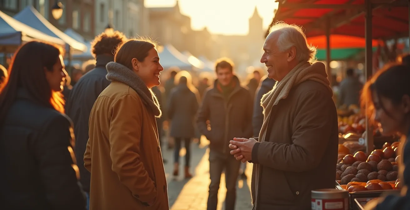 Personnes de différentes origines partageant un moment convivial dans un marché public en plein air au Québec.
