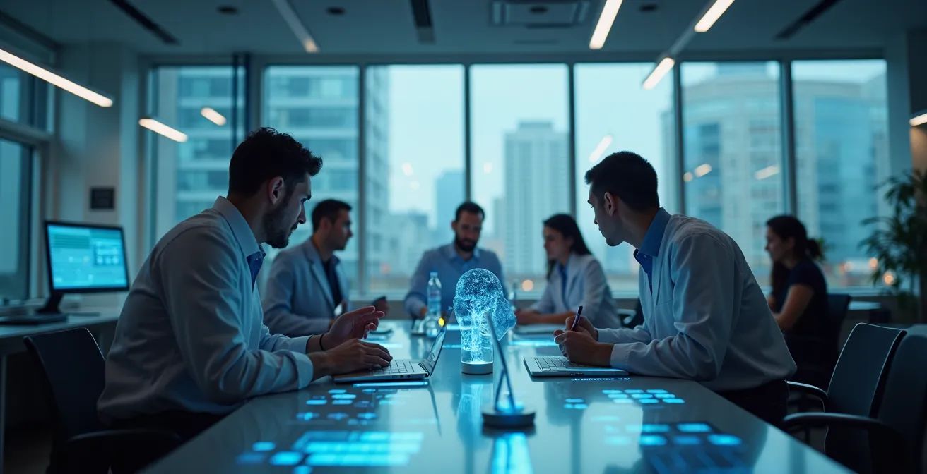 Vue stylisée et futuriste d'un centre de recherche en intelligence artificielle à Montréal mettant en valeur l'éthique et la collaboration