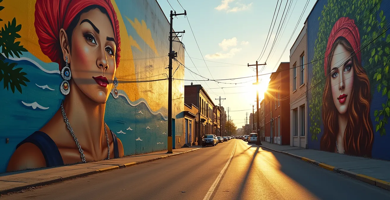 Une rue de Montréal couverte de murales aux couleurs vives, représentant des thèmes féministes et écologiques.