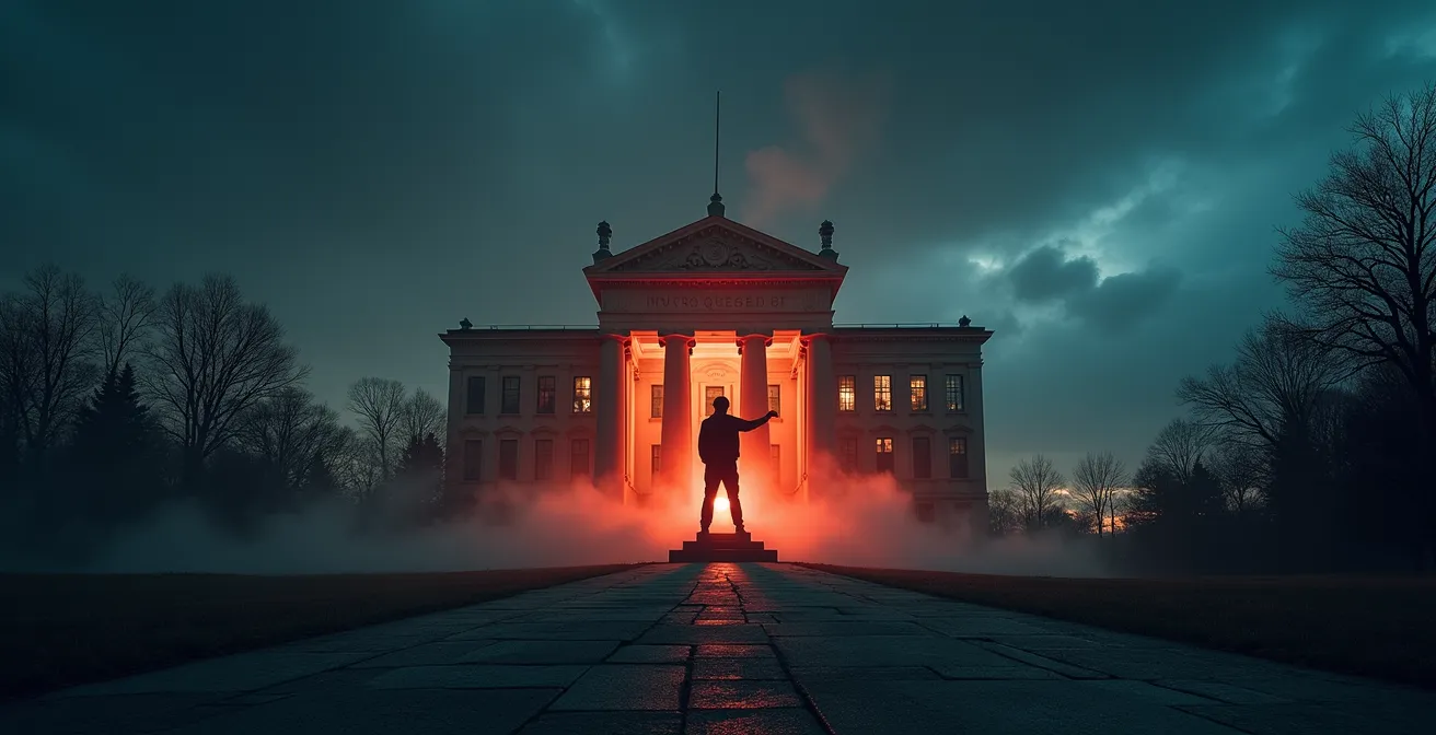 Symboles culturels québécois incluant une silhouette d'artiste célèbre, un bâtiment Hydro-Québec, et une scène de spectacle vibrant.