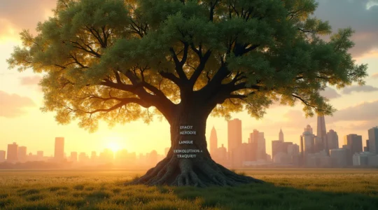 Illustration symbolique représentant la culture québécoise comme un arbre fort planté en Amérique du Nord, avec des racines profondes et des branches accueillant diverses cultures.