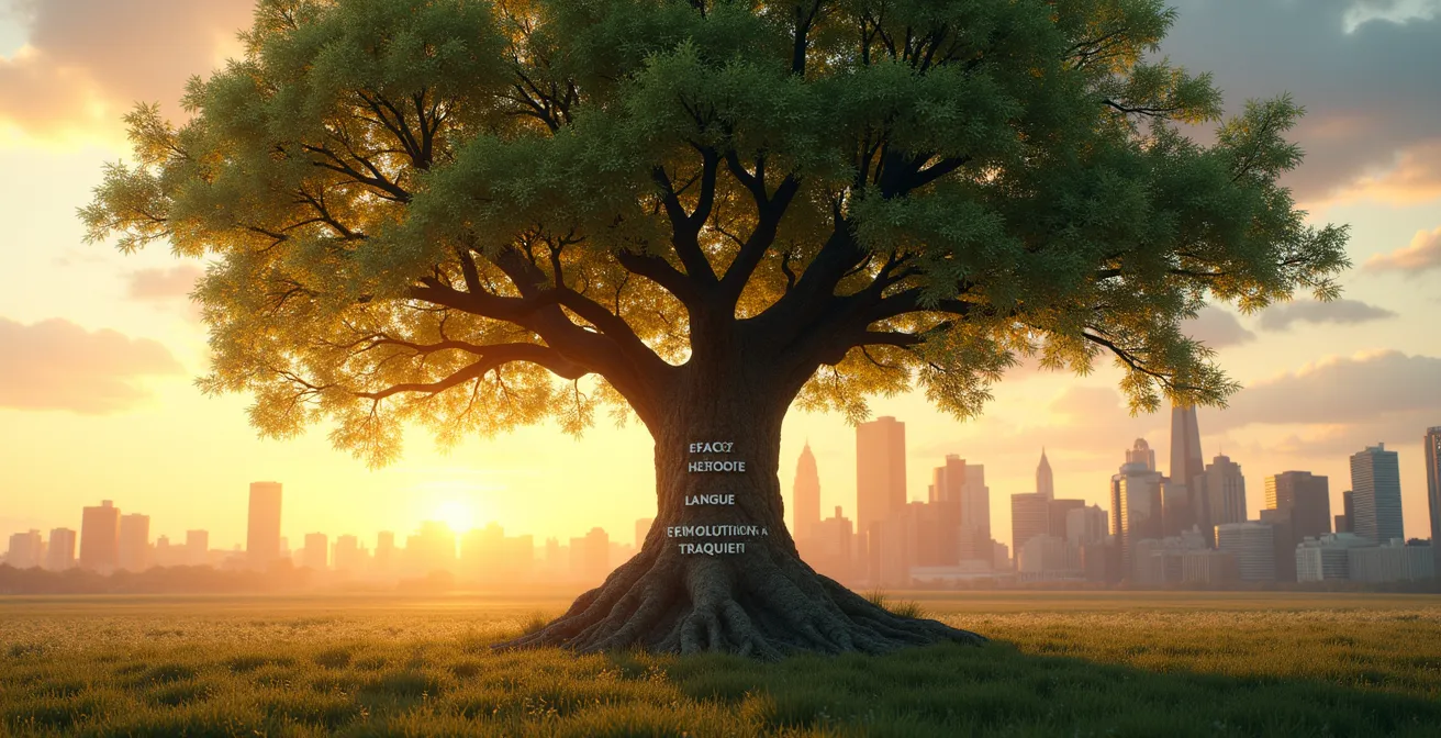 Illustration symbolique représentant la culture québécoise comme un arbre fort planté en Amérique du Nord, avec des racines profondes et des branches accueillant diverses cultures.