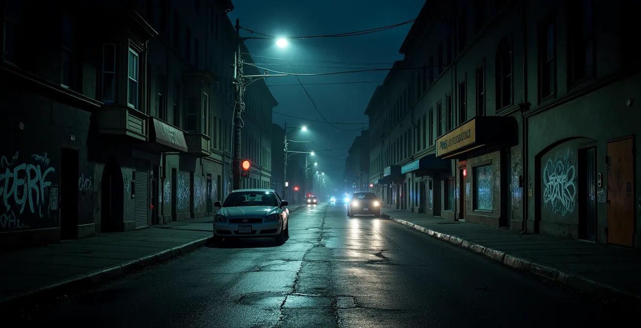 Illustration sombre et atmosphérique représentant les fractures sociales du Québec à travers un paysage urbain nocturne marqué par le crime