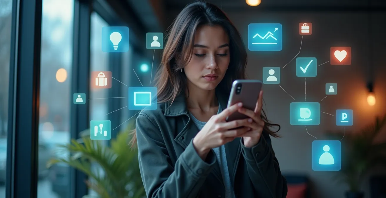 Image d’un utilisateur manipulant un smartphone avec une interface en français dans un environnement urbain québécois.