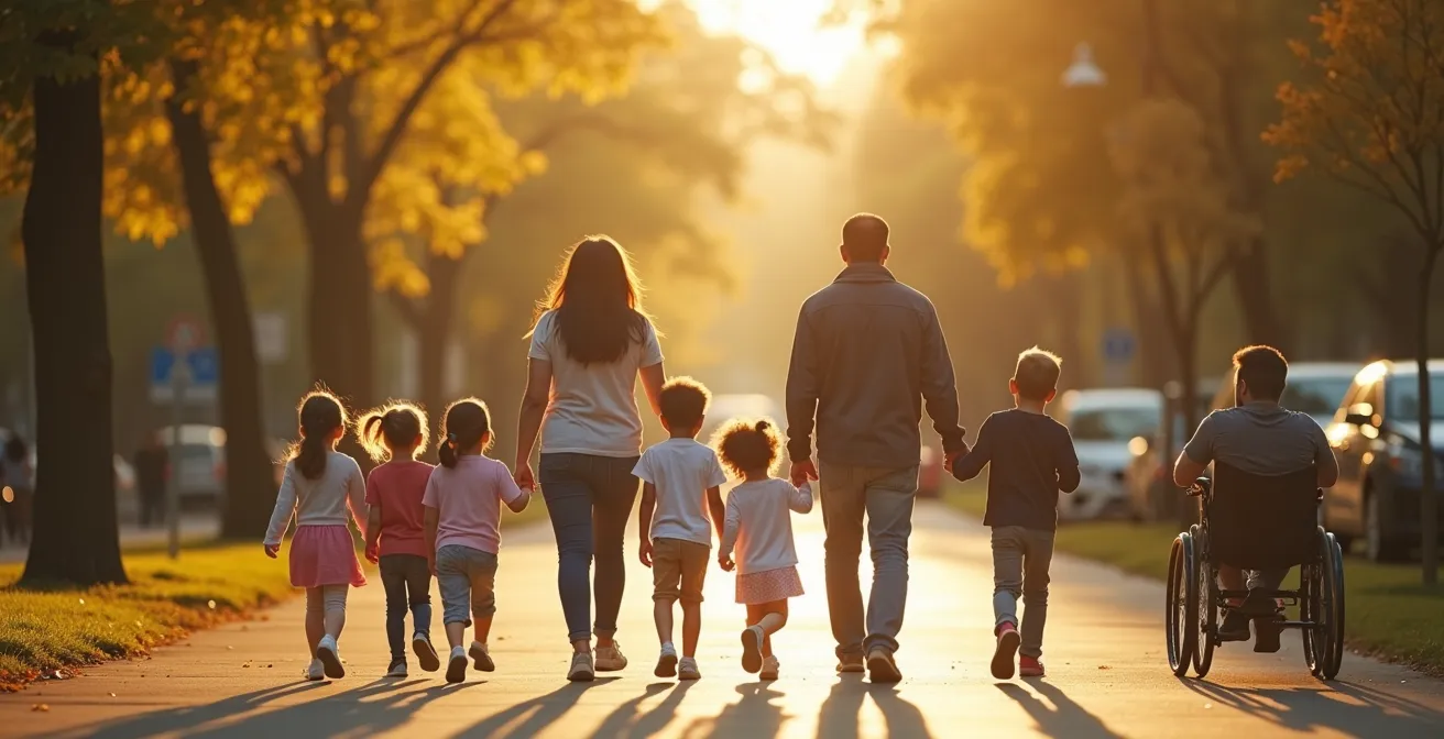 Scène représentant des familles dans des quartiers montréalais et québécois avec parcs, écoles et transports apaisants, symbole de sérénité parentale