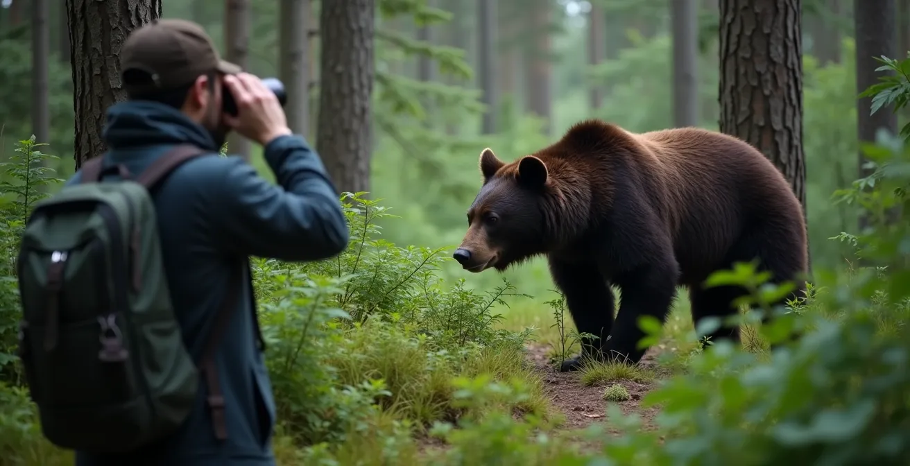 Observation sécuritaire d'un ours noir dans la forêt dense du Québec, un randonneur à distance avec jumelles, en arrière-plan arbres et sous-bois épais