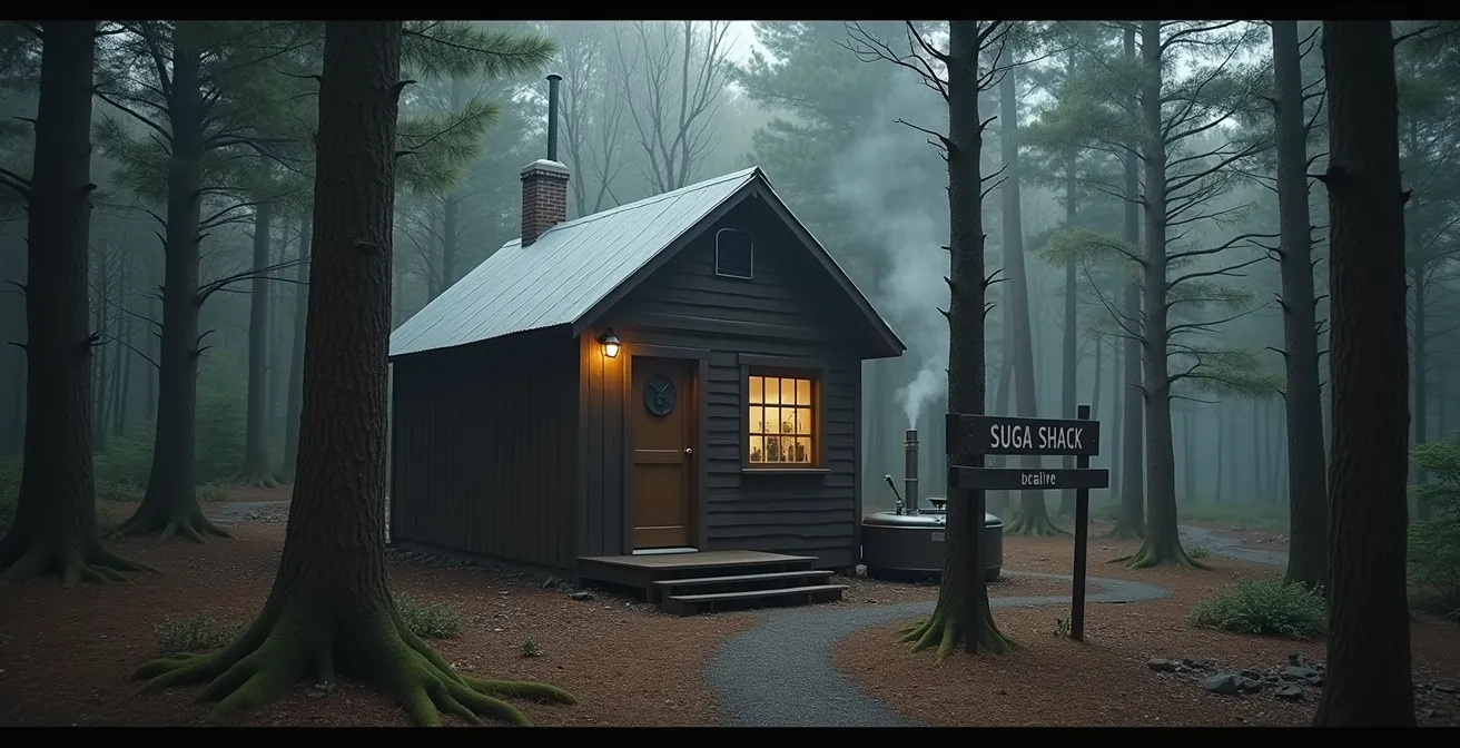 Image illustrant une cabane à sucre traditionnelle avec des signes d'authenticité comme un petit sapin, une chaudière de sirop, et un panneau artisanal