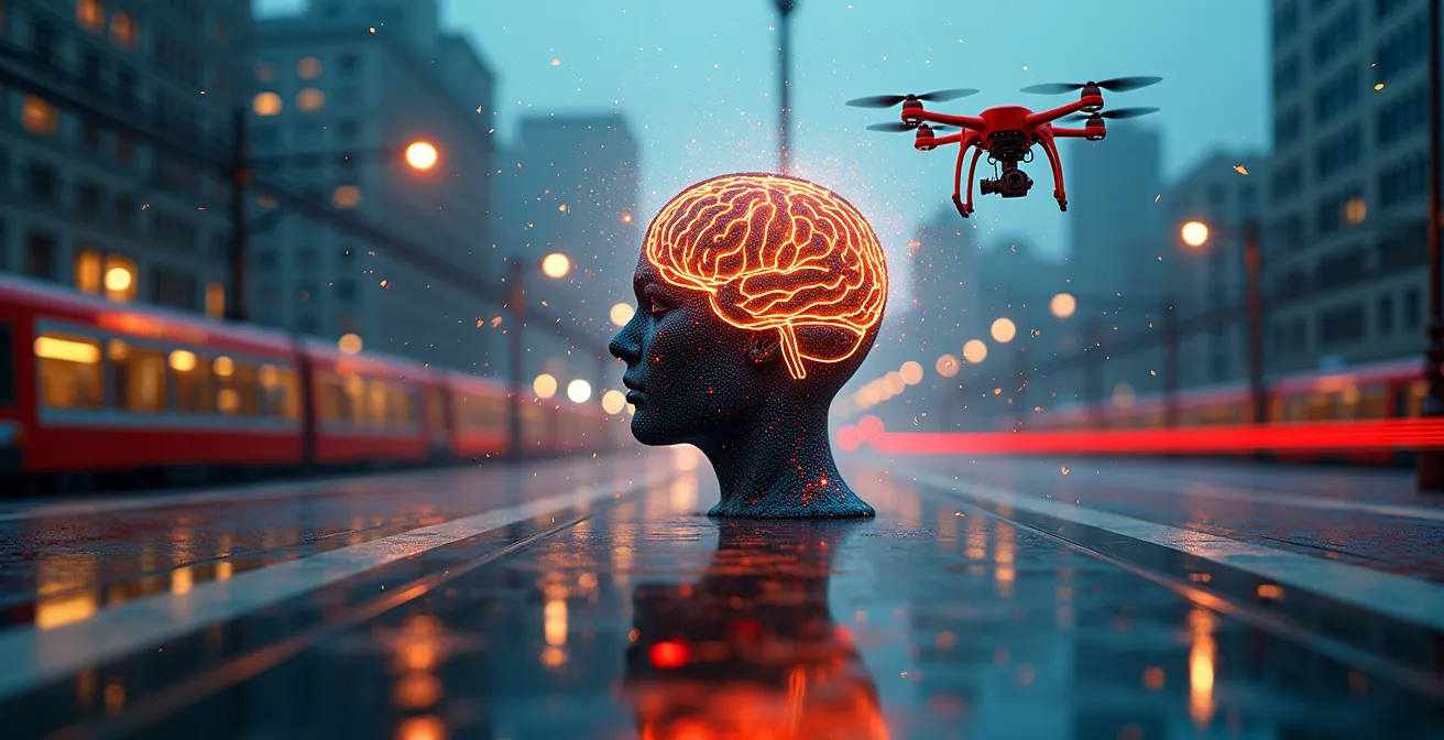 Collage symbolique illustrant les innovations technologiques québécoises impactant la vie quotidienne avec des éléments de cinéma, IA, télémédecine et ville intelligente