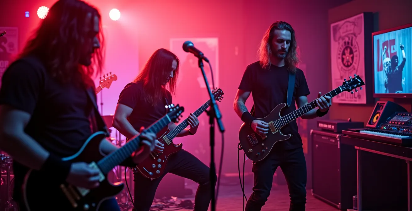 Ambiance électrique d’un studio d’enregistrement à Montréal avec musiciens metal en session et équipement moderne.