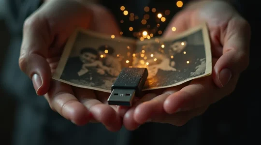 Une main tenant une vieille photo en noir et blanc se fondant progressivement en particules lumineuses, tandis qu'une autre main tend une clé USB pour la sauvegarder.