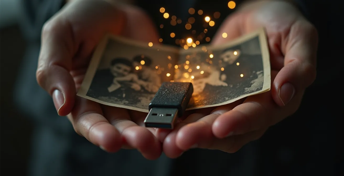 Une main tenant une vieille photo en noir et blanc se fondant progressivement en particules lumineuses, tandis qu'une autre main tend une clé USB pour la sauvegarder.