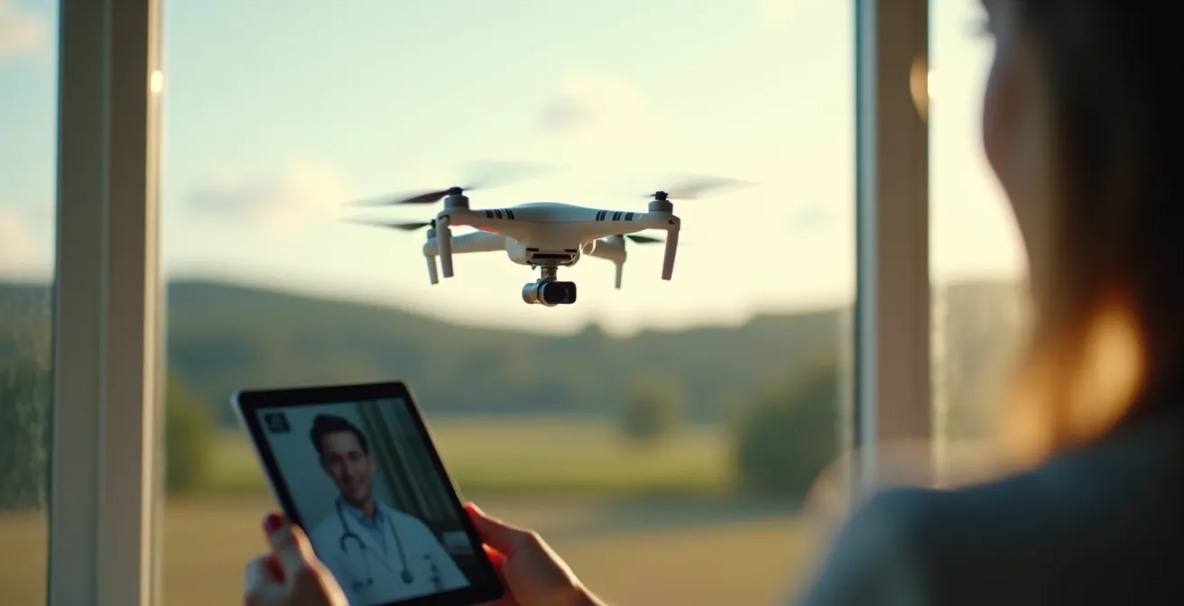 Drones livrant des médicaments dans une région isolée avec un médecin en téléconsultation à distance