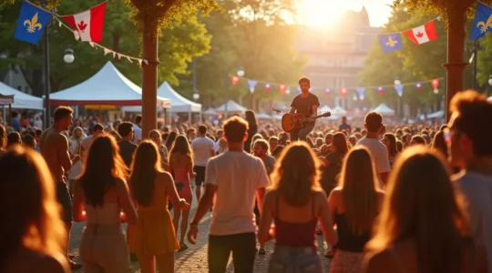 Scène vivante d'un festival québécois avec foule diverse, musiciens sur scène, et décor urbain typique du Québec en été