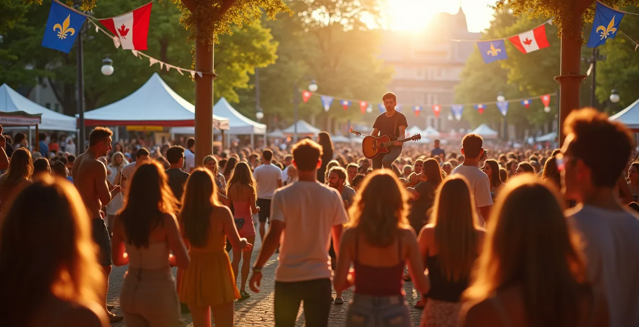 Scène vivante d'un festival québécois avec foule diverse, musiciens sur scène, et décor urbain typique du Québec en été