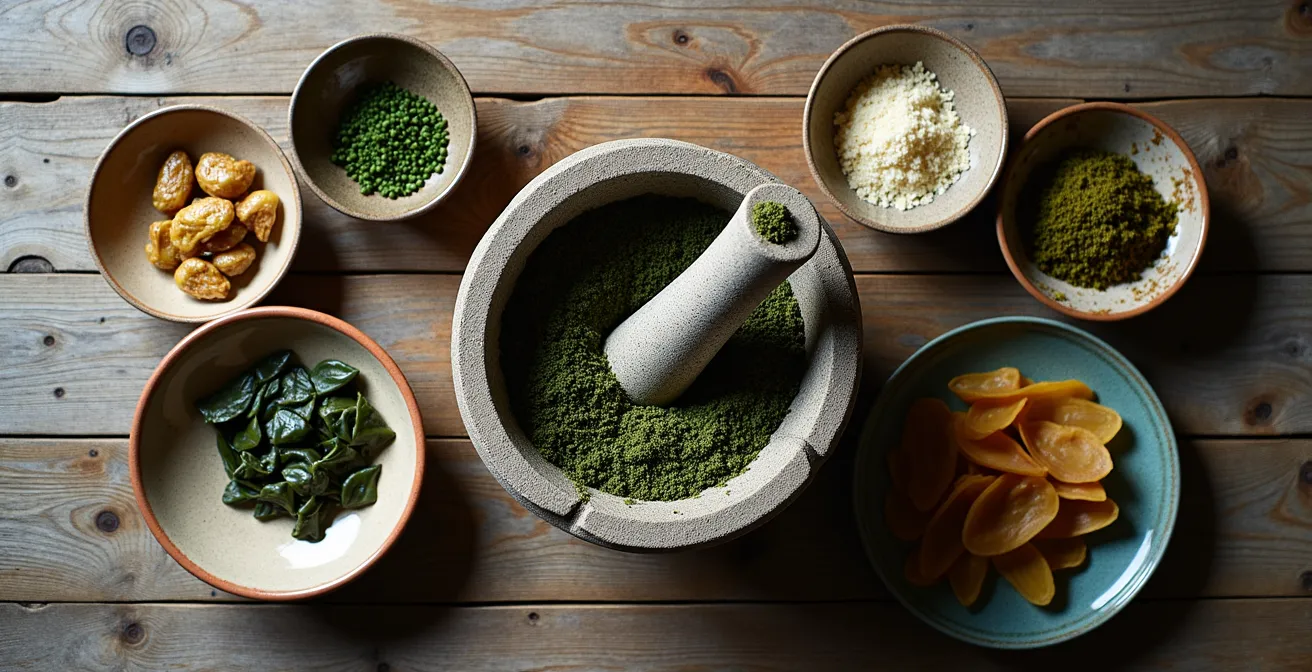 Assortiment d'algues séchées du Québec dans des bols artisanaux avec mortier et pilon