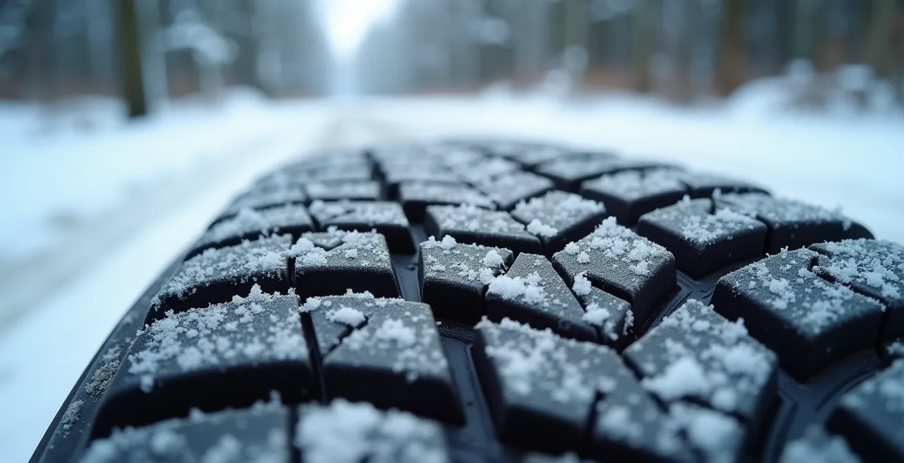 Vue macro de pneus d'hiver sur route enneigée québécoise avec traces de conduite