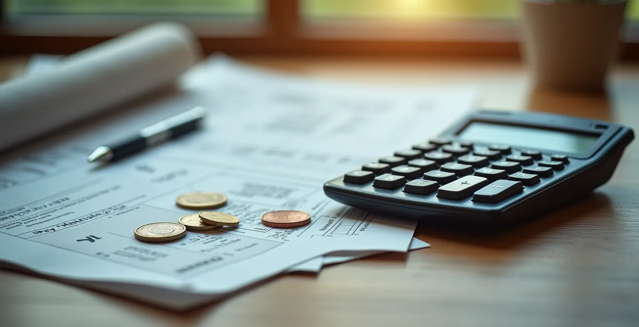 Bureau avec calculatrice et documents fiscaux québécois vus de dessus