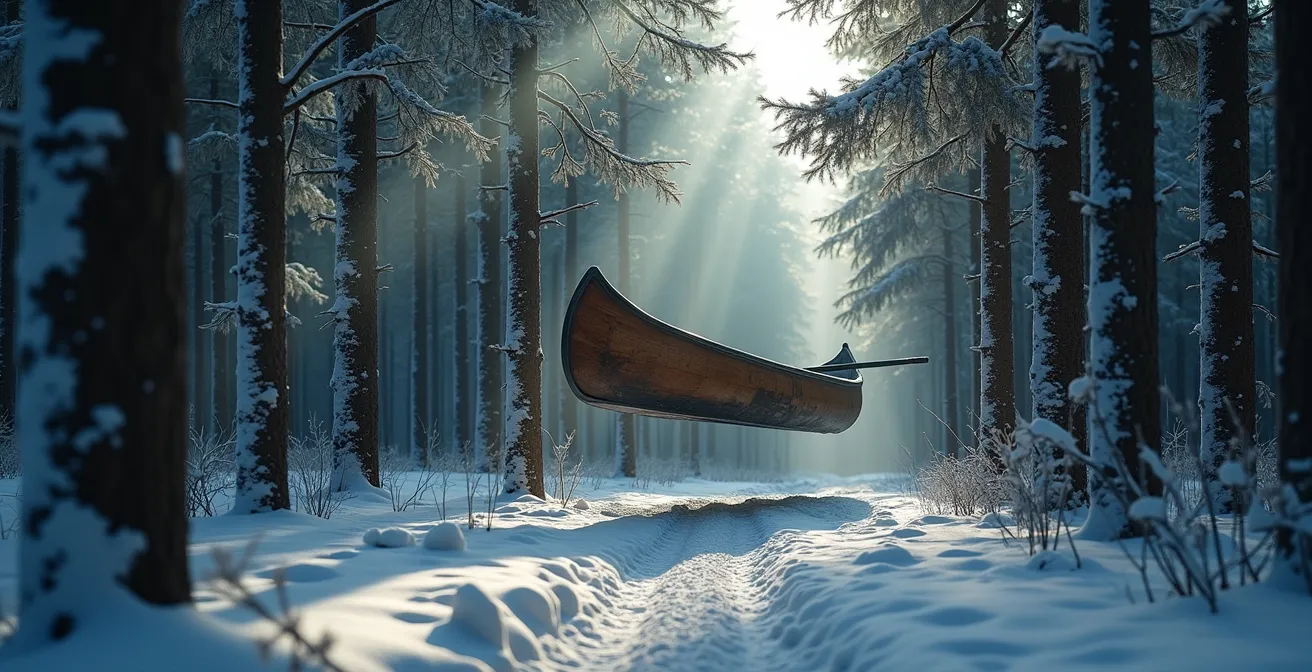 Canot de bois suspendu entre des épinettes enneigées avec jeu d'ombres mystérieux