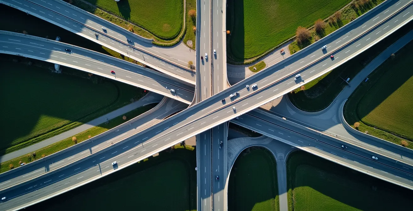 Vue aérienne du réseau routier québécois montrant l'intersection des autoroutes principales