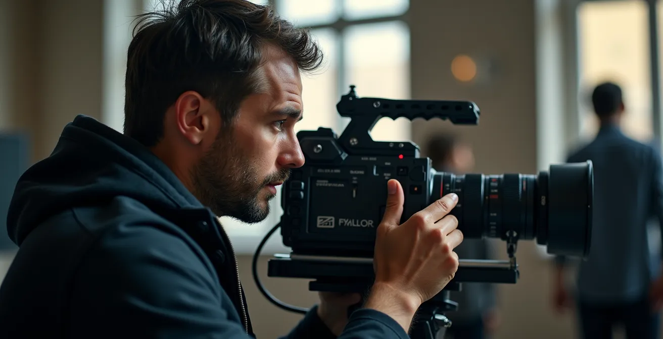 Cinéaste concentré derrière une caméra professionnelle sur un plateau de tournage
