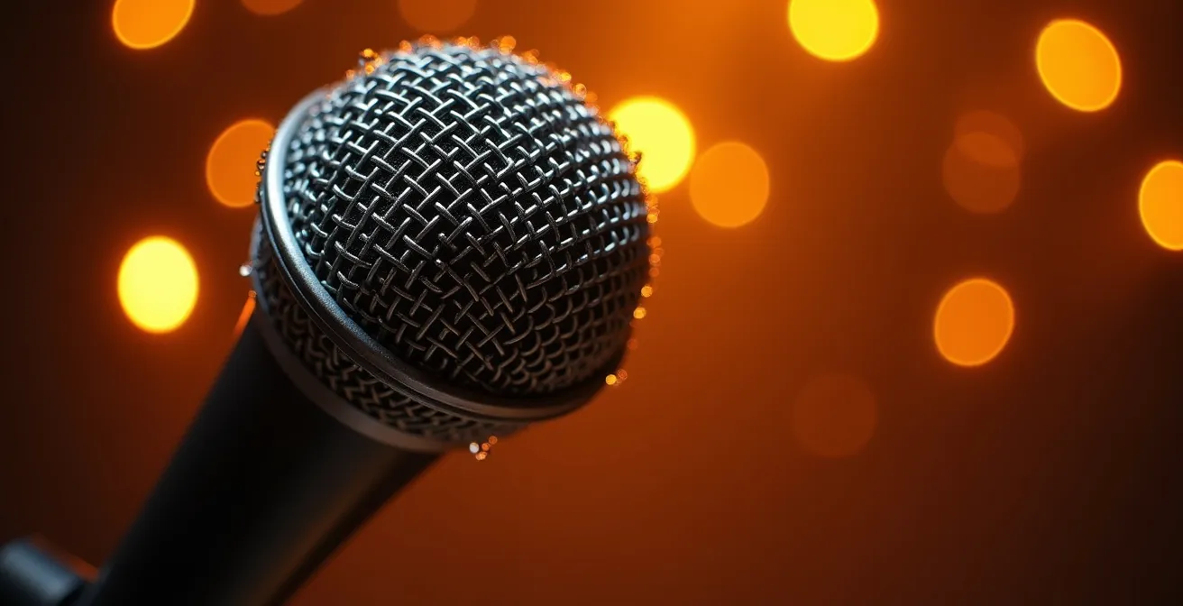 Vue macro d'un microphone vintage sur pied dans une ambiance de club intime avec lumières tamisées